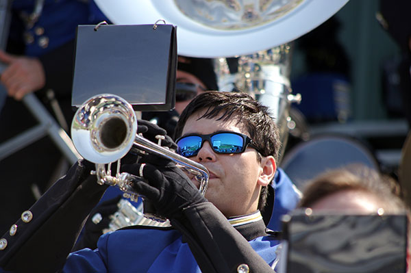 Horn player in Shorter Marching Hawks Band