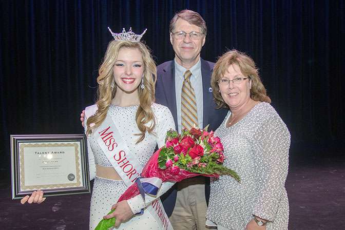 Miss Shorter University 2017 Emily Tyler with Shorter University President Dr. Don Dowless and Mrs. Teresa Dowless.
